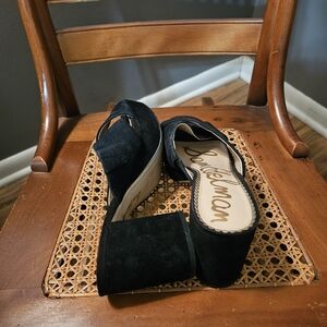 Sam Edelman Black Suede Block Heels Sz 7.5 Chic Elegant Casual Trendy